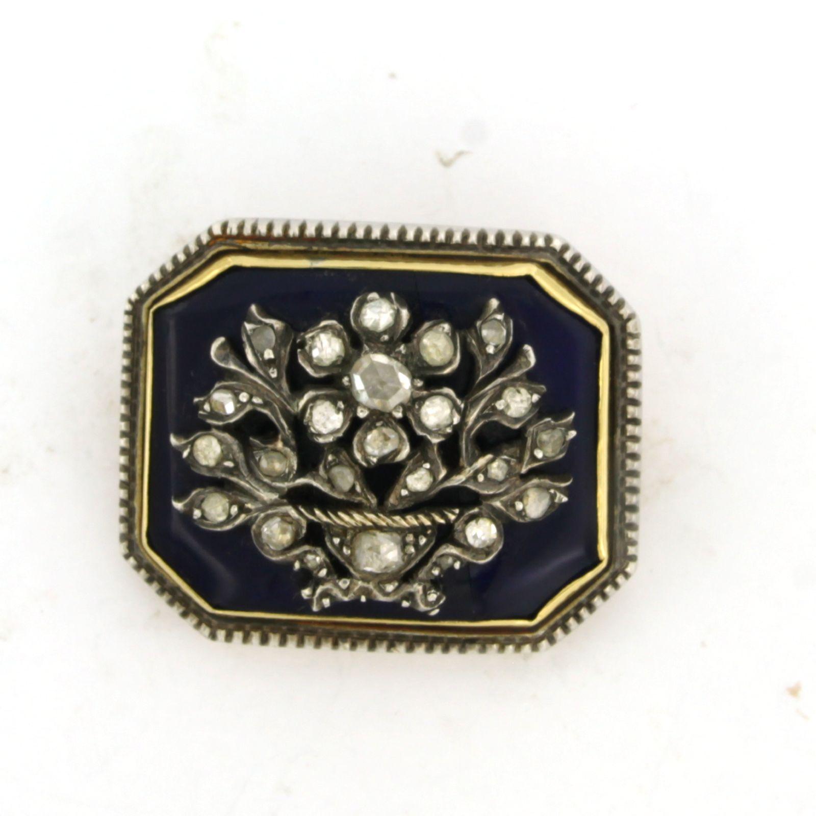 Early Victorian Brooche with blue enamel and rose diamonds 14k gold with silver