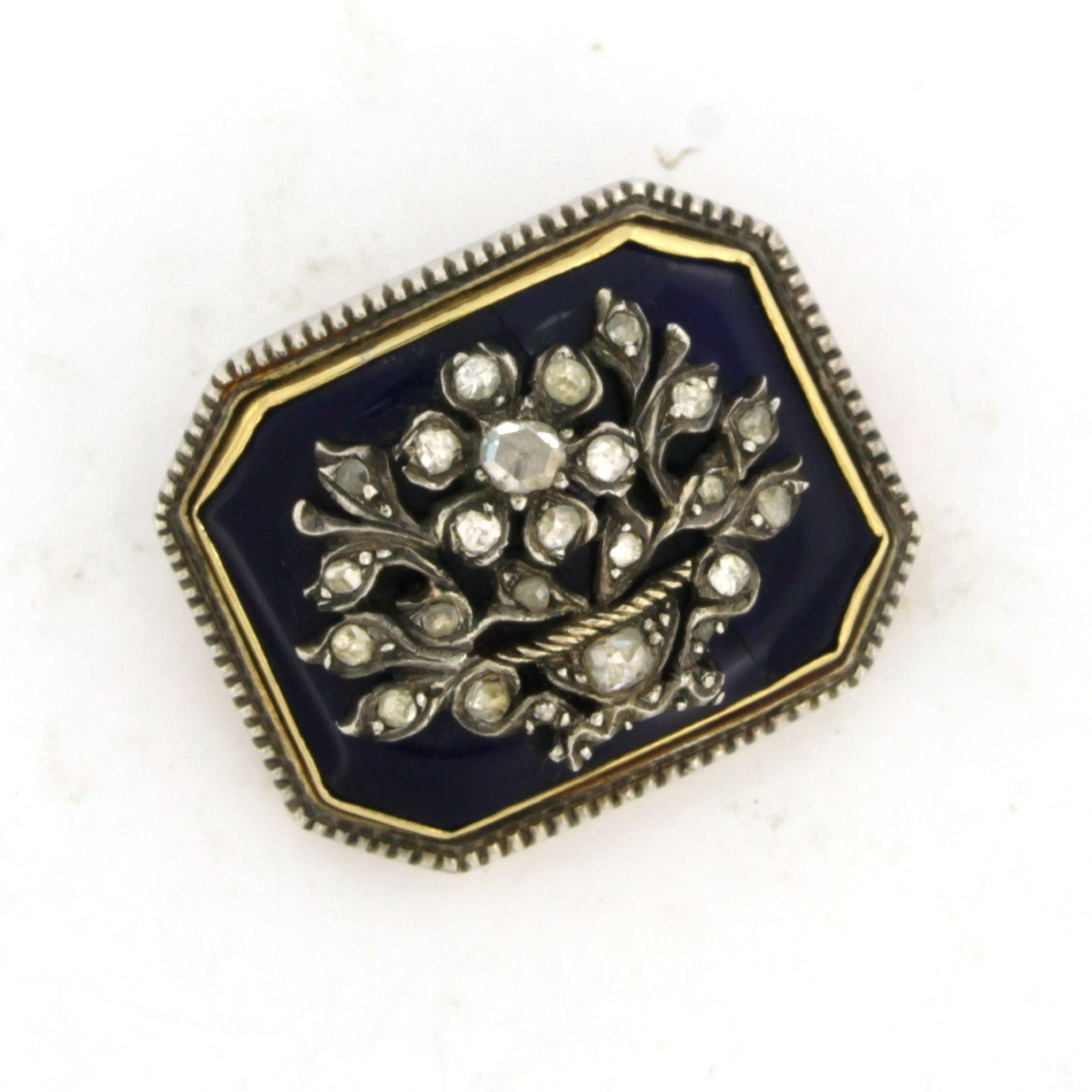Rose Cut Brooche with blue enamel and rose diamonds 14k gold with silver