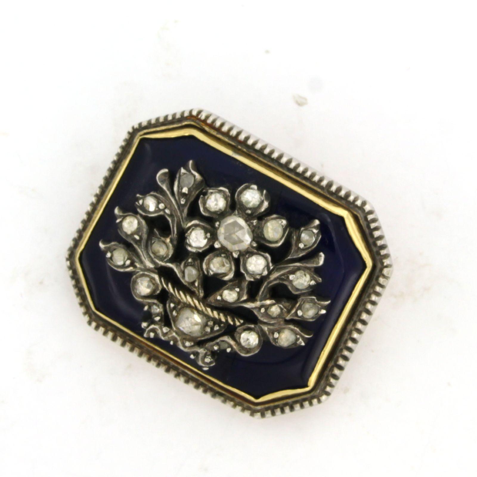 Brooche with blue enamel and rose diamonds 14k gold with silver In Excellent Condition In The Hague, ZH