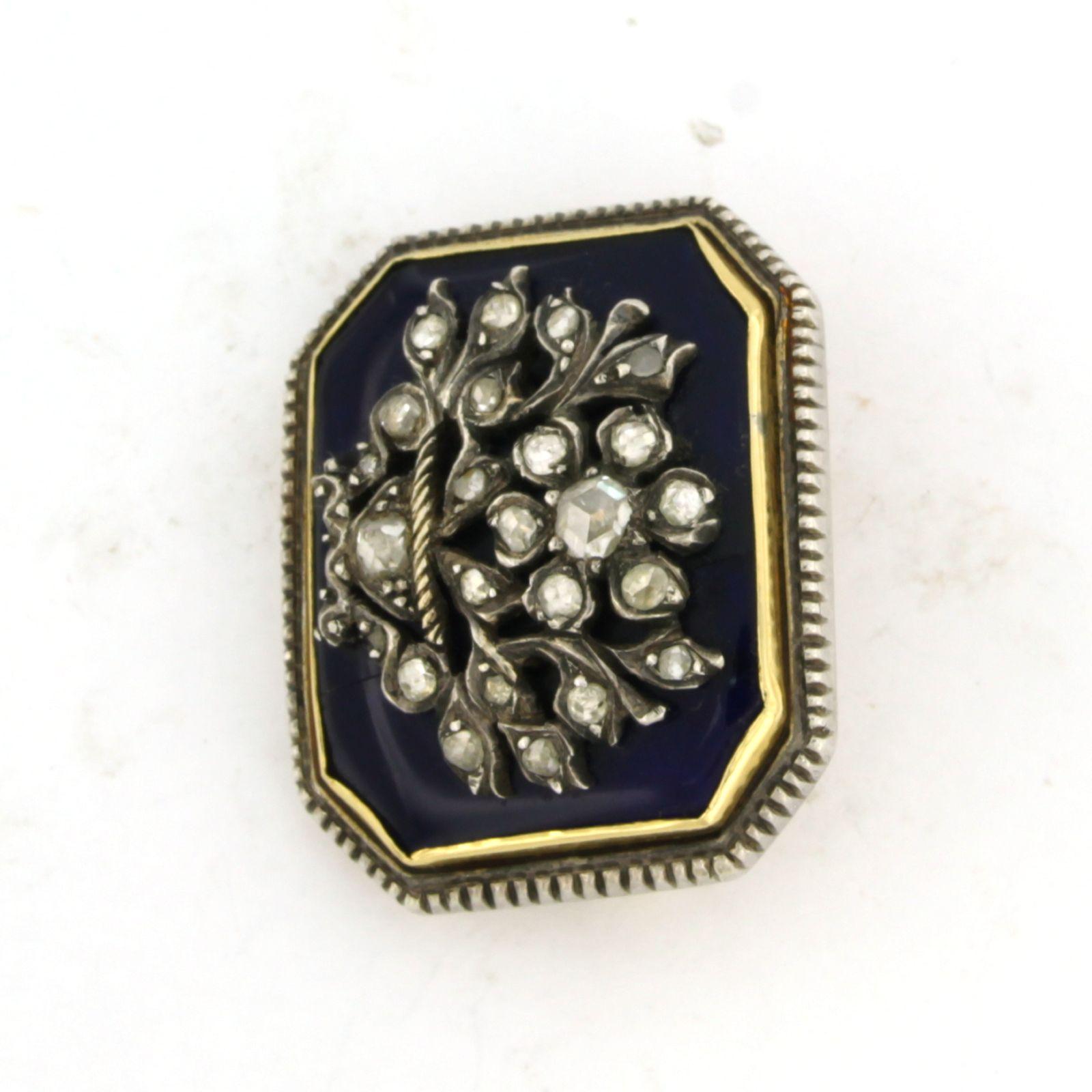 Women's Brooche with blue enamel and rose diamonds 14k gold with silver