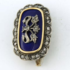 Brooche with blue enamel and rose diamonds 18k gold with silver 13.0 grams