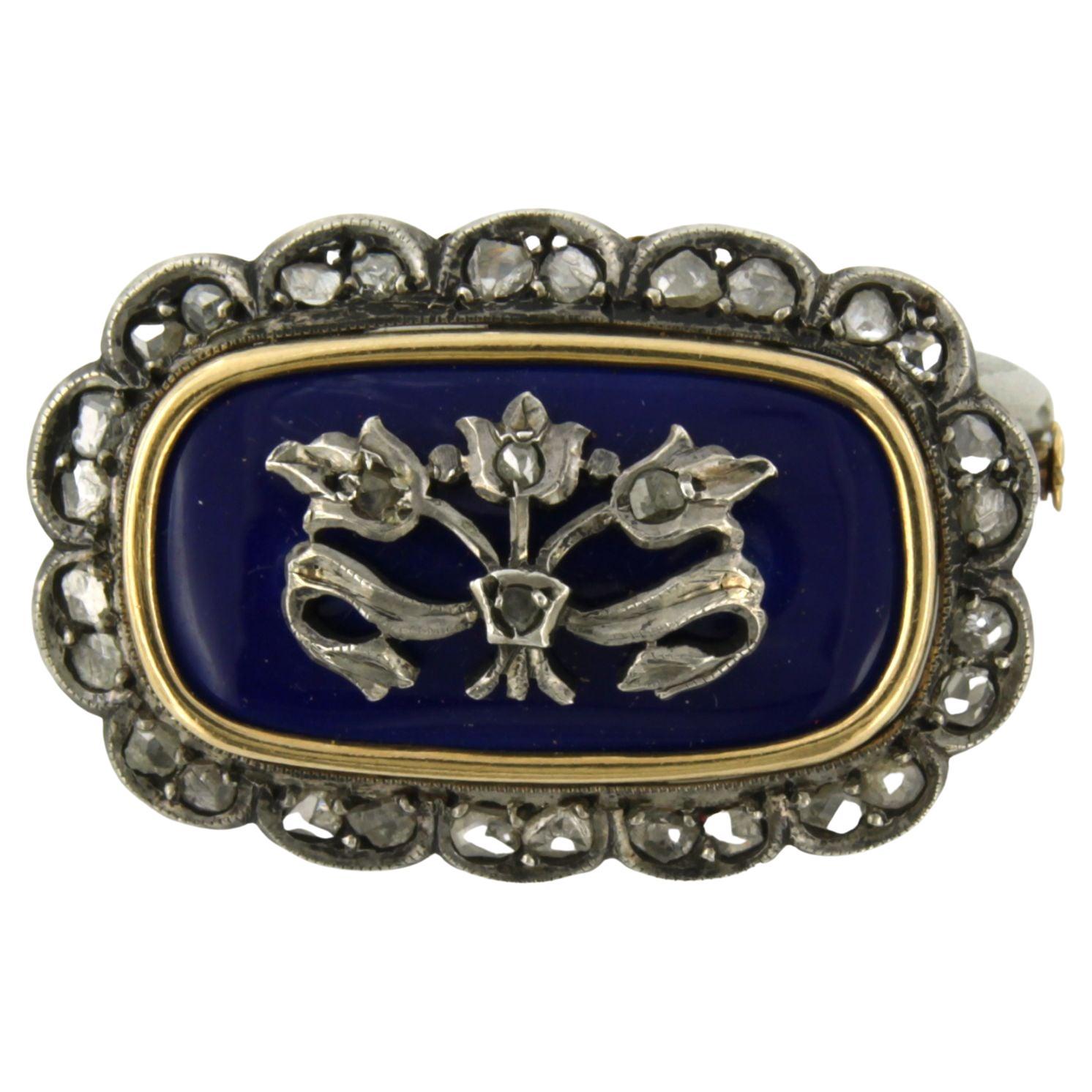 Brooche with blue enamel and rose diamonds 18k gold with silver