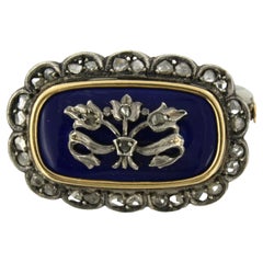 Brooche with blue enamel and rose diamonds 18k gold with silver