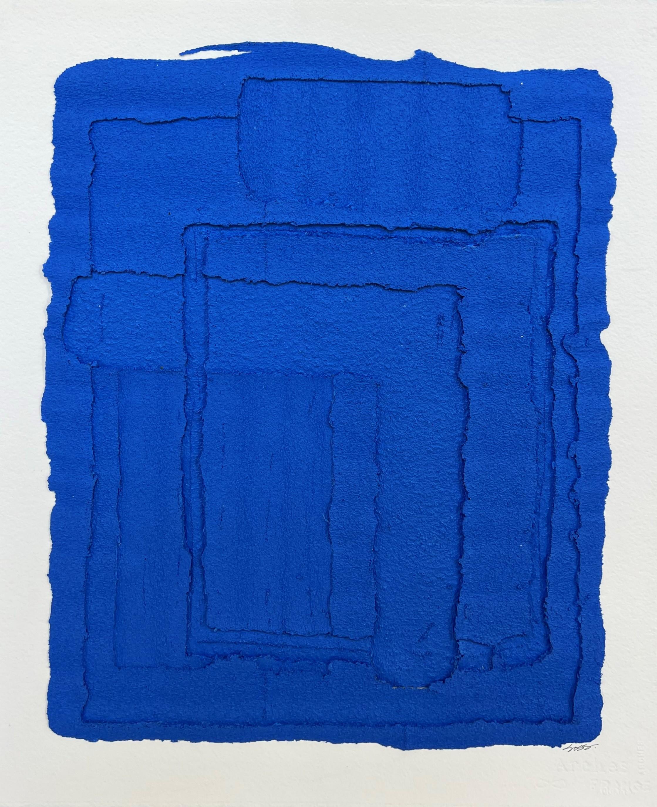 Open Waters II by Brook Soss, Vertical Abstract on Paper With Cobalt Blue