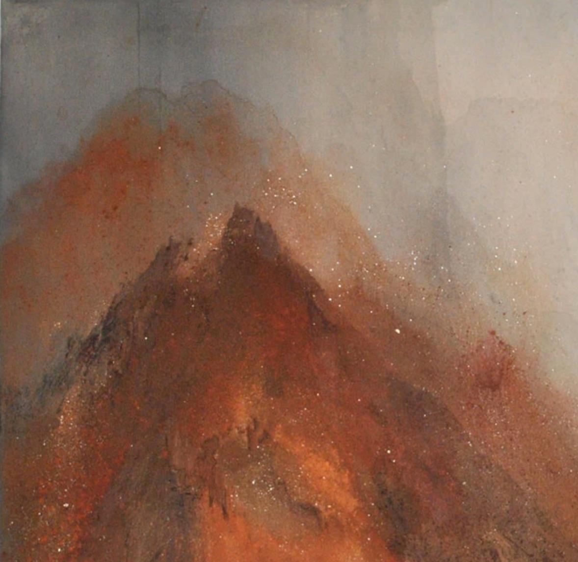 Mountains: brick red, rust abstract landscape/mountain painting w/ gray, blue  - Painting by Brooke Lanier