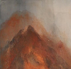Mountains: brick red, rust abstract landscape/mountain painting w/ gray, blue