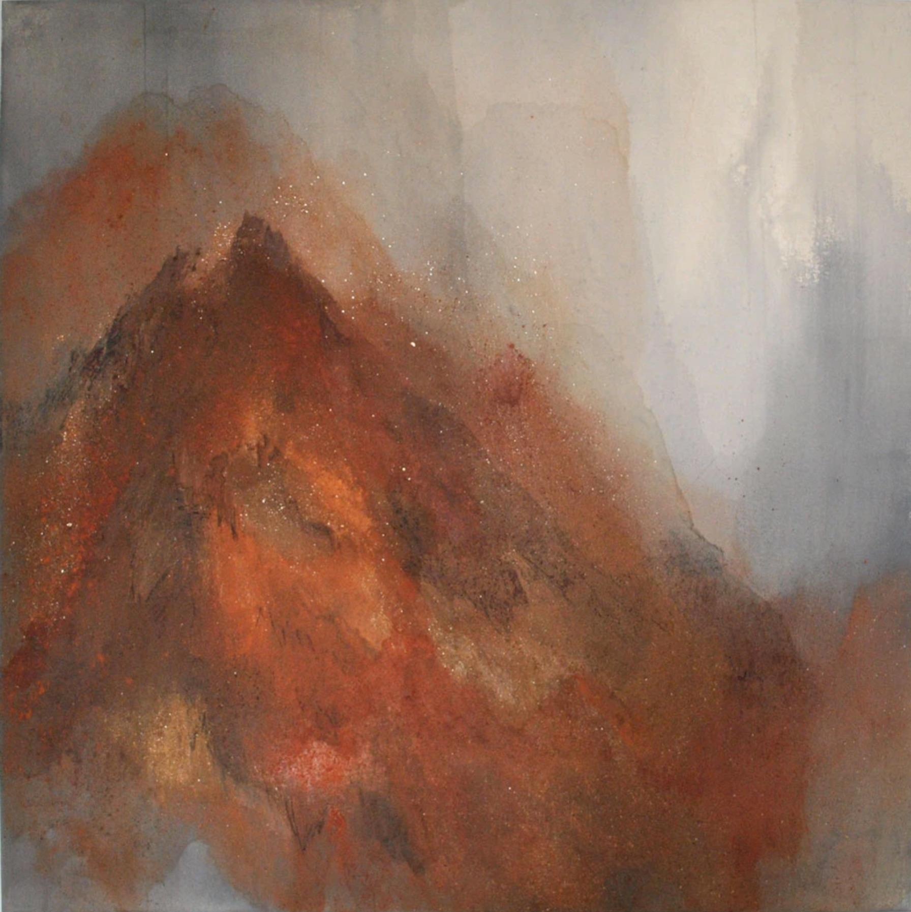 Brooke Lanier Landscape Painting - Mountains: brick red, rust abstract landscape/mountain painting w/ gray, blue 