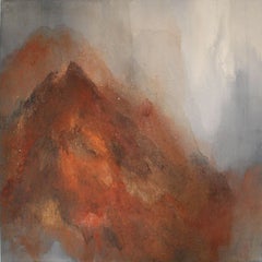 Mountains: brick red, rust abstract landscape/mountain painting w/ gray, blue 