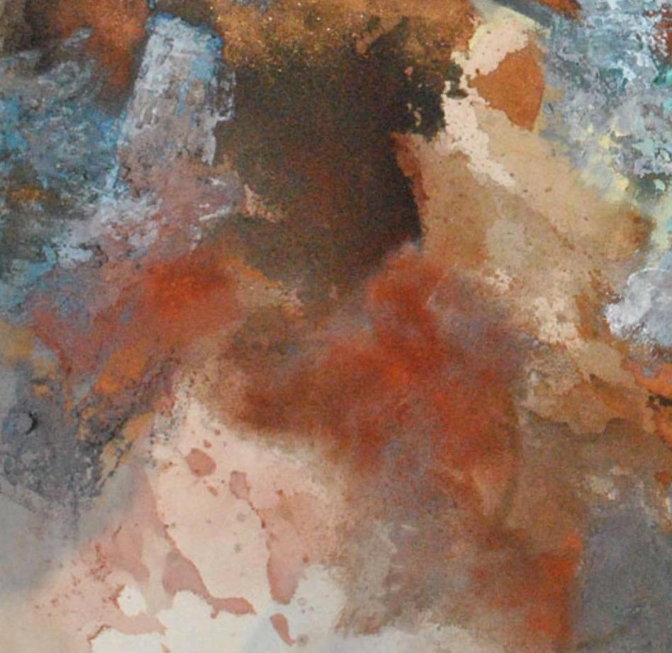 Slow Burn: Ziegelrot, Rost abstrakte Landschaft/Gemälde mit Grün, Blau  – Painting von Brooke Lanier