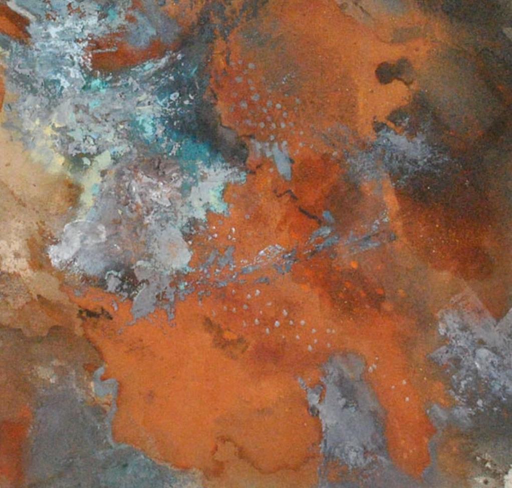 Slow Burn: Ziegelrot, Rost abstrakte Landschaft/Gemälde mit Grün, Blau  (Abstrakt), Painting, von Brooke Lanier