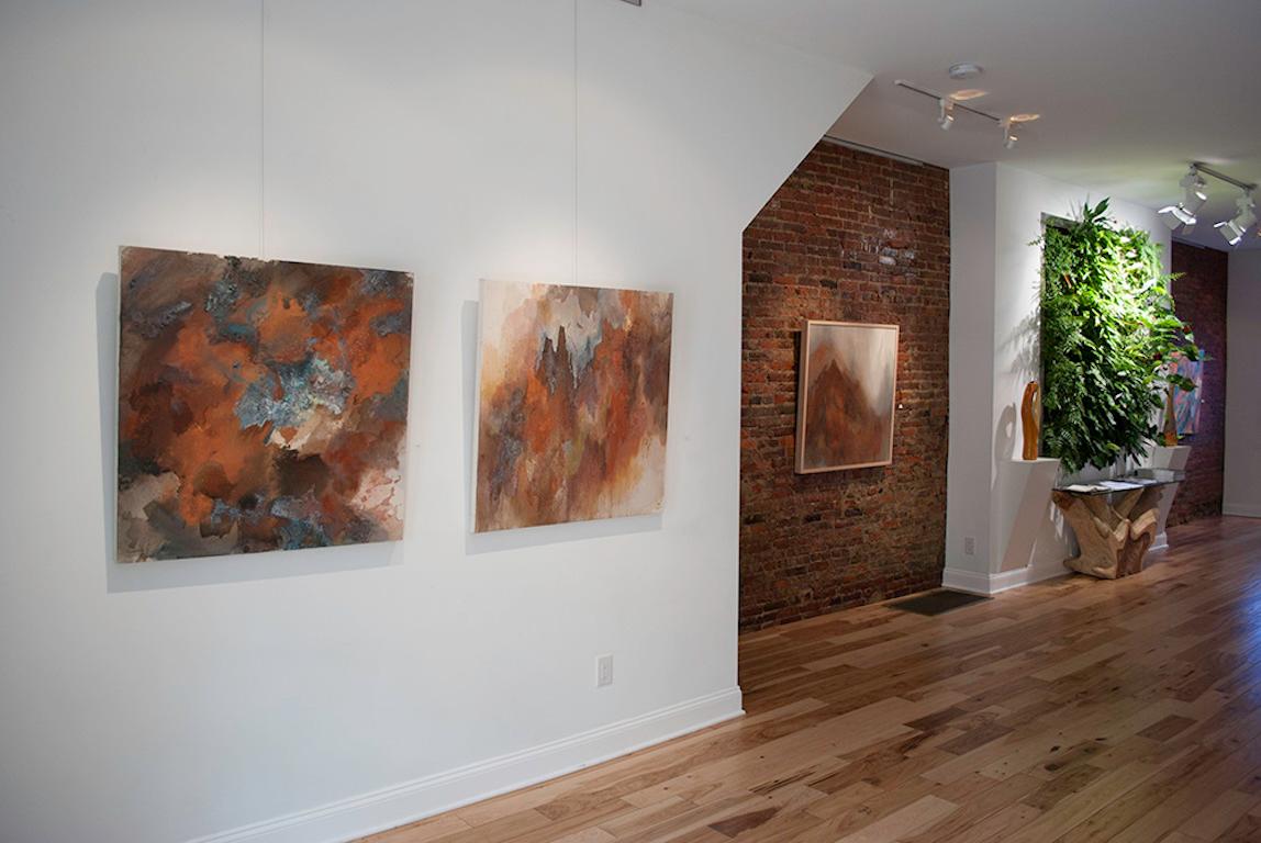 Slow Burn: brick red, rust abstract landscape/mountain painting w/ green, blue  - Abstract Painting by Brooke Lanier