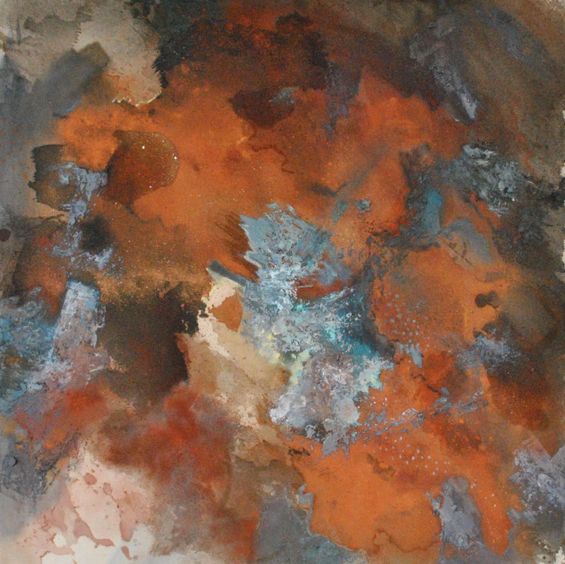 Slow Burn: Ziegelrot, Rost abstrakte Landschaft/Gemälde mit Grün, Blau 