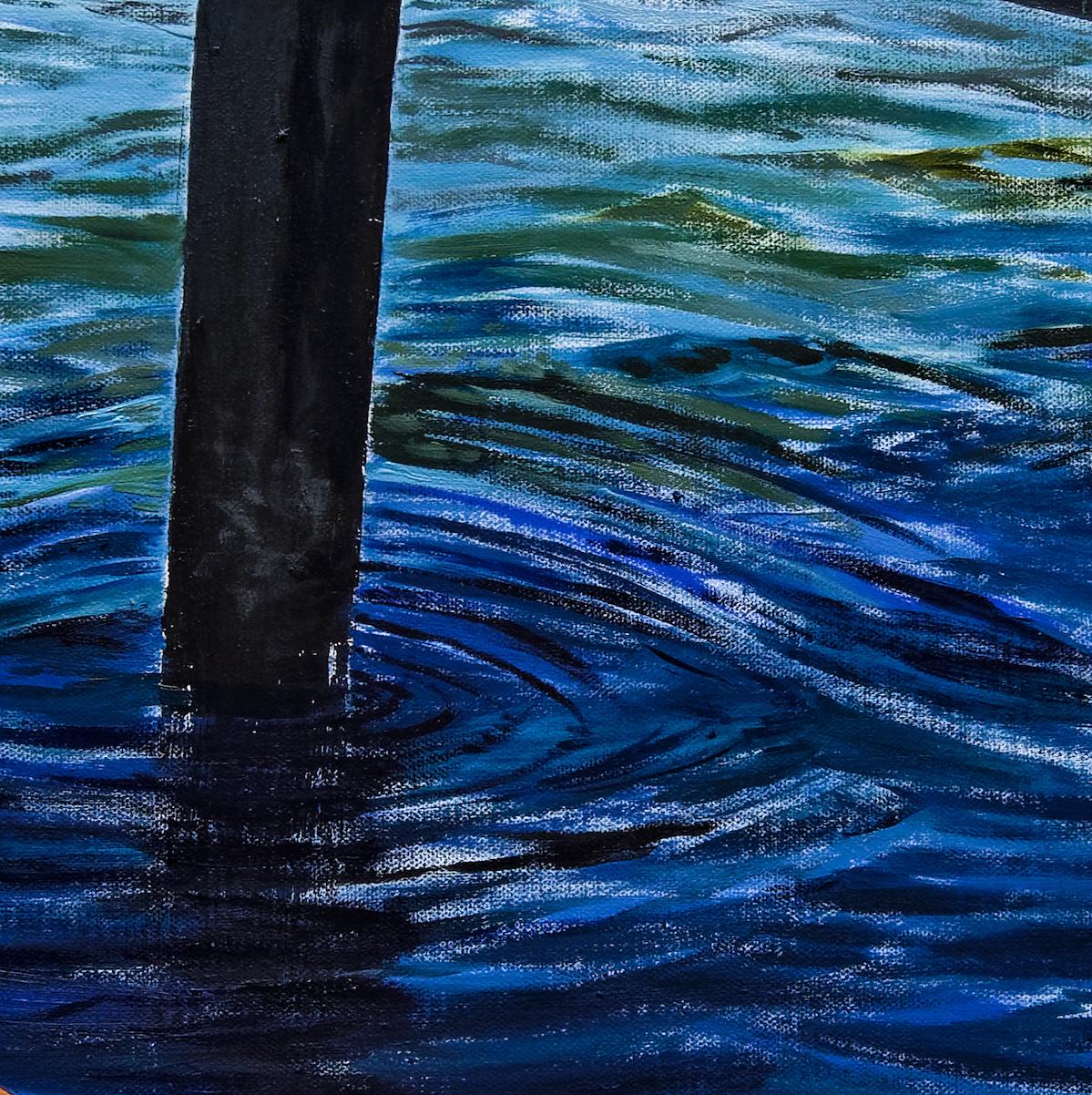 „This is a Real Place! 1: Großes Gemälde eines Sees oder Flusses mit blauem Wasser und Brücke – Painting von Brooke Lanier