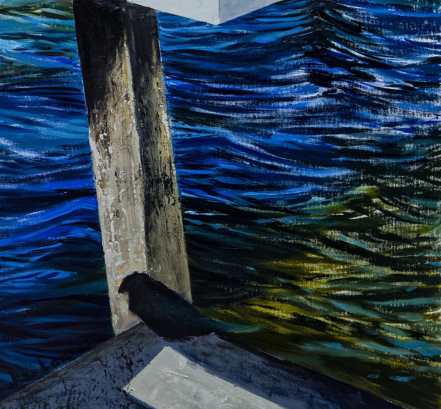 „This is a Real Place! 1: Großes Gemälde eines Sees oder Flusses mit blauem Wasser und Brücke (Realismus), Painting, von Brooke Lanier