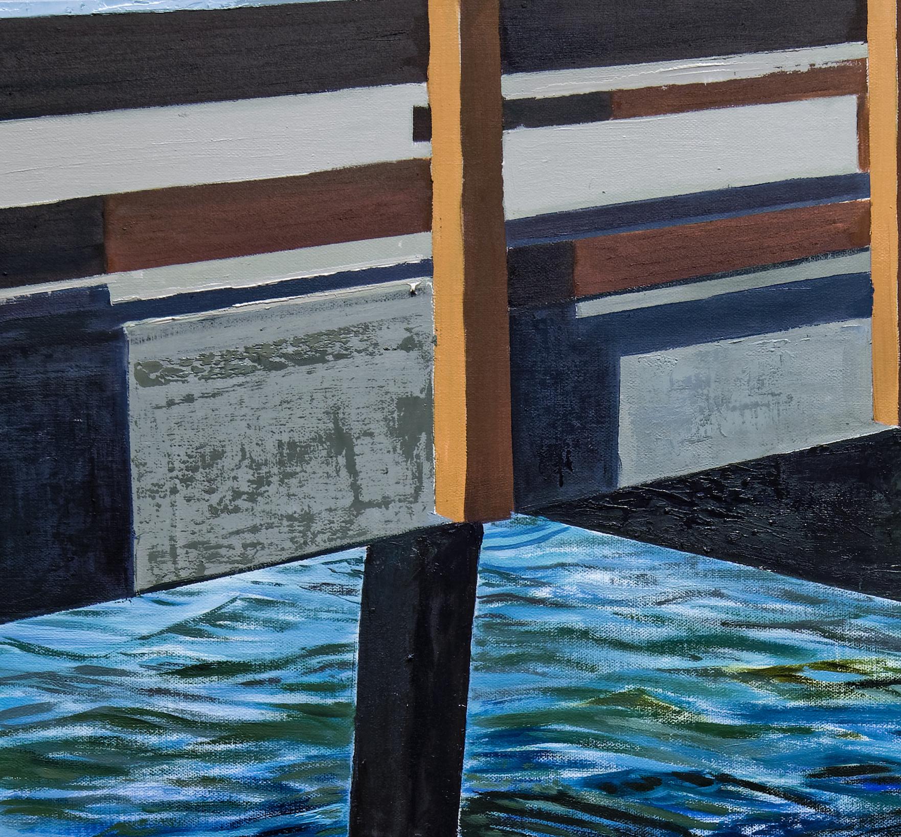 „This is a Real Place! 1: Großes Gemälde eines Sees oder Flusses mit blauem Wasser und Brücke (Schwarz), Abstract Painting, von Brooke Lanier