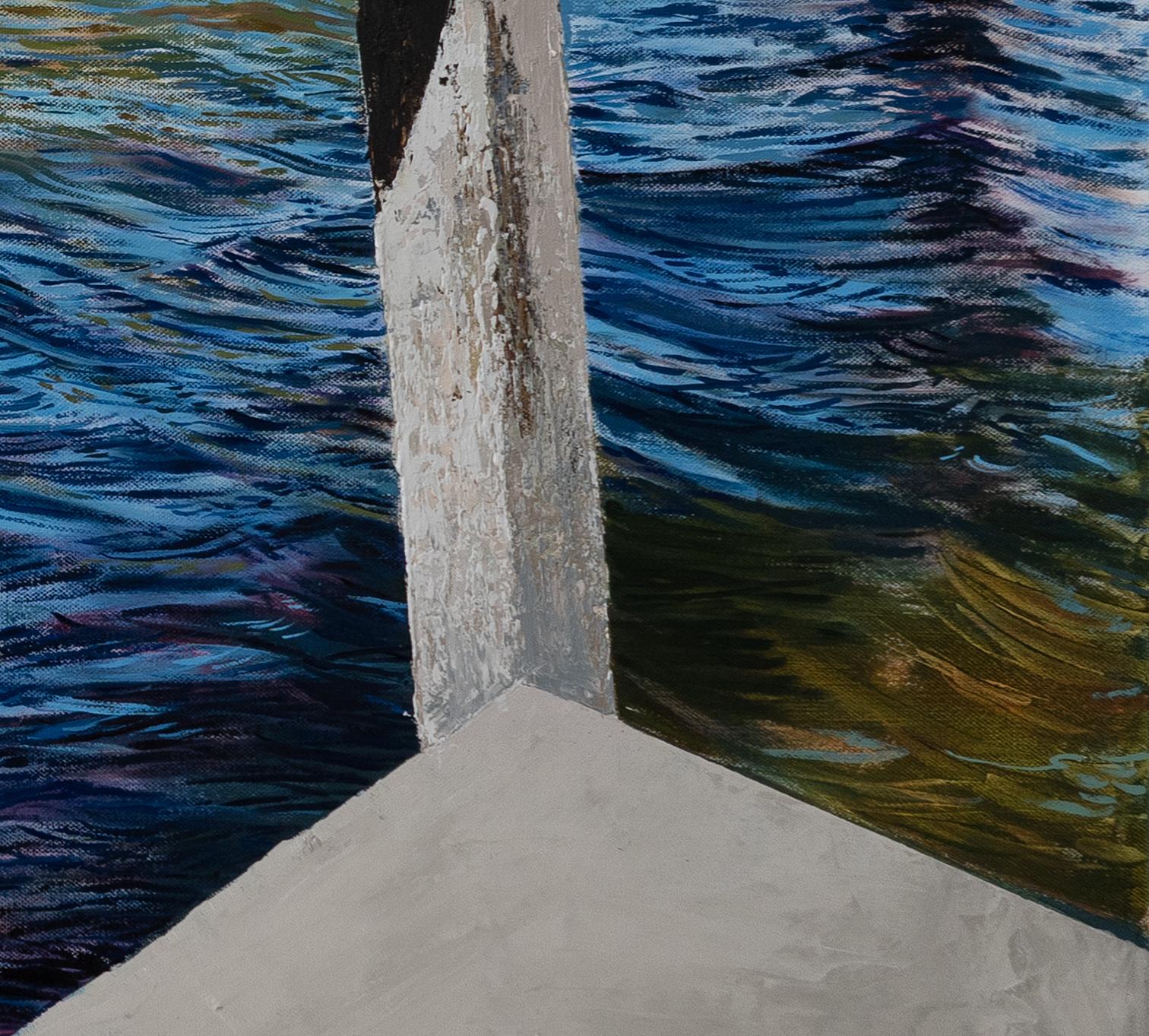 „This is a Real Place! 2: Großes Gemälde eines Sees oder Flusses mit blauem Wasser und Brücke – Painting von Brooke Lanier