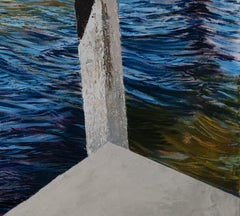 This is a Real Place! 2: large painting of lake or river w/ blue water & bridge