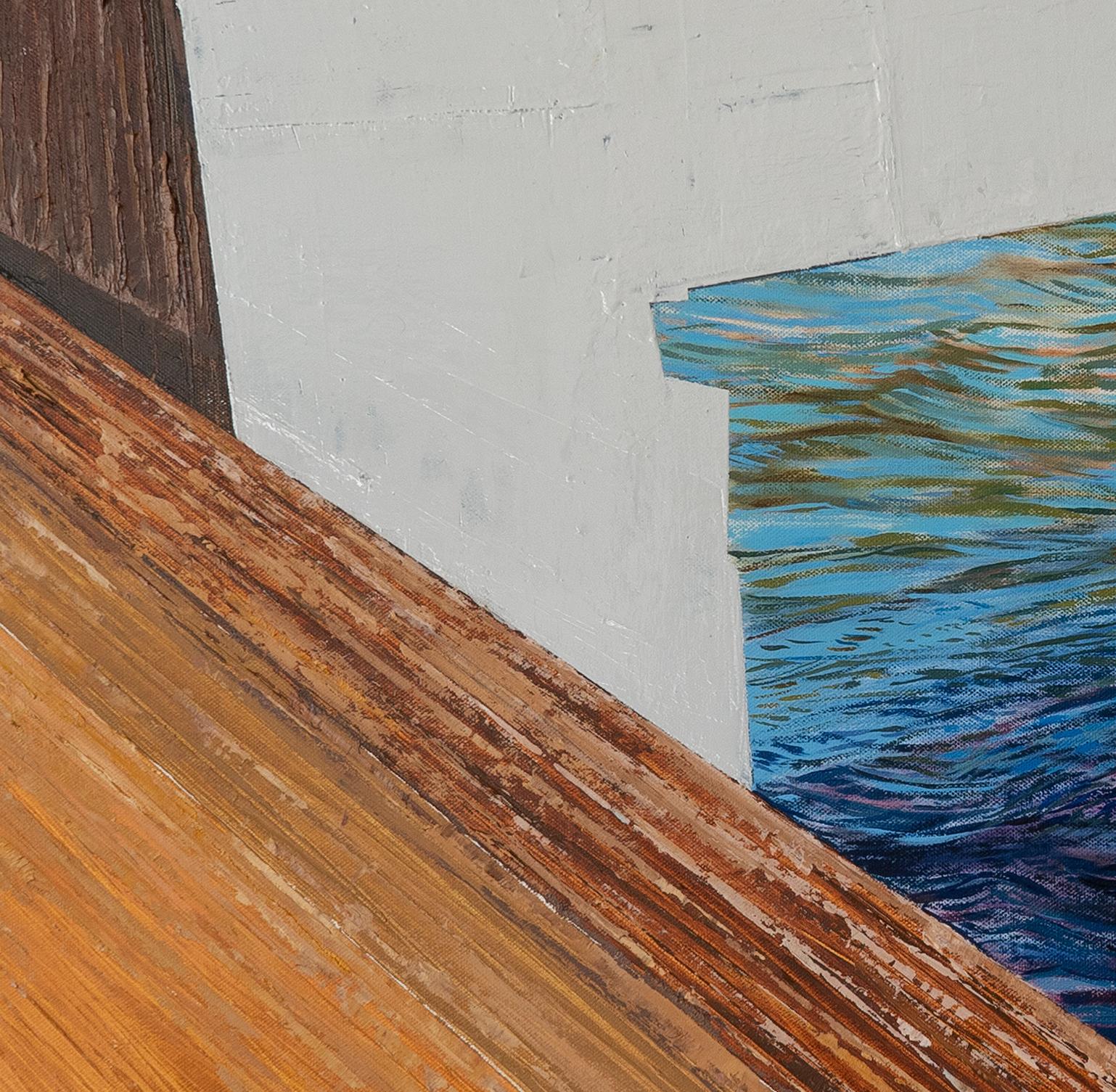 „This is a Real Place! 2: Großes Gemälde eines Sees oder Flusses mit blauem Wasser und Brücke (Realismus), Painting, von Brooke Lanier