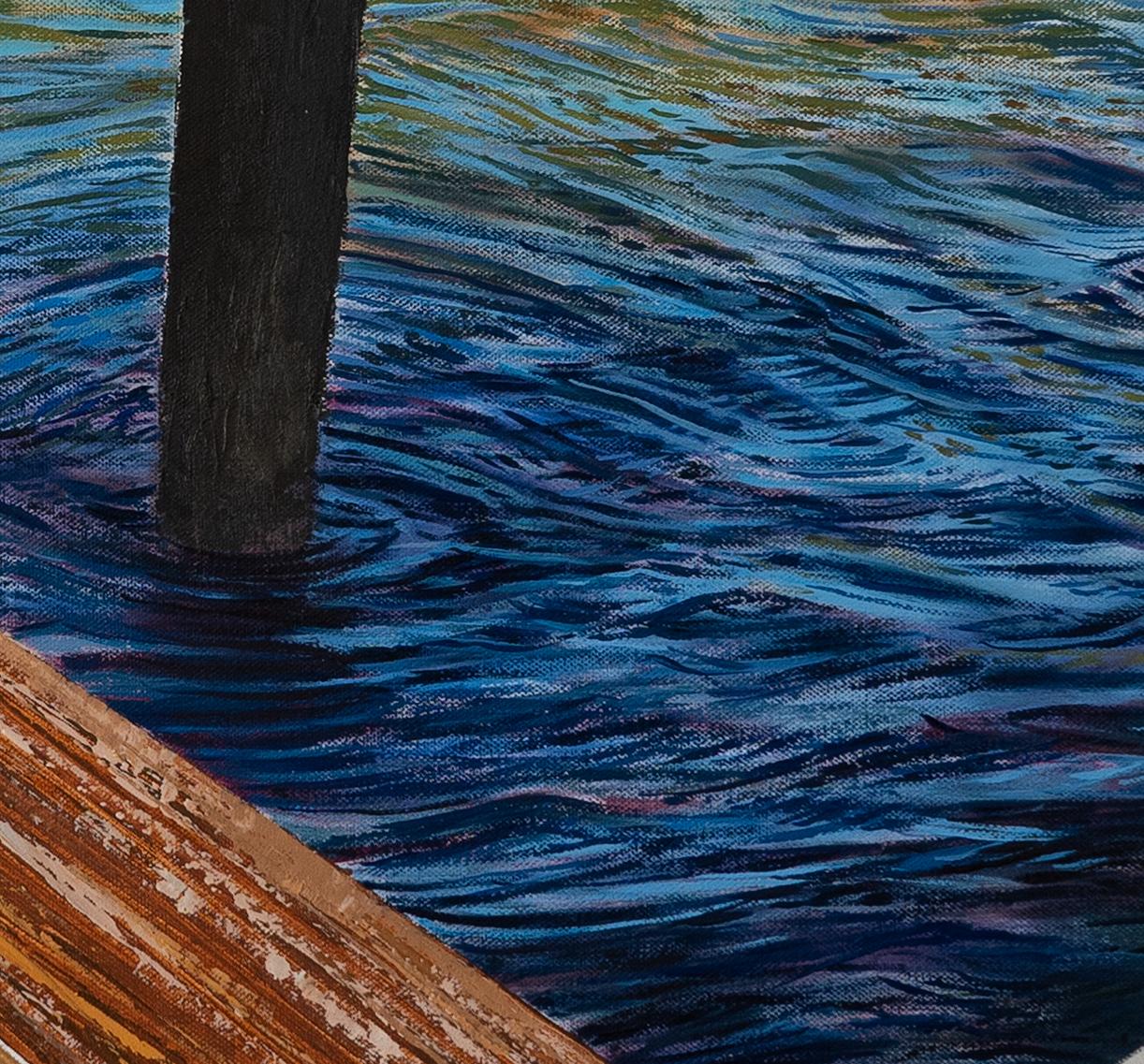 „This is a Real Place! 2: Großes Gemälde eines Sees oder Flusses mit blauem Wasser und Brücke (Braun), Abstract Painting, von Brooke Lanier