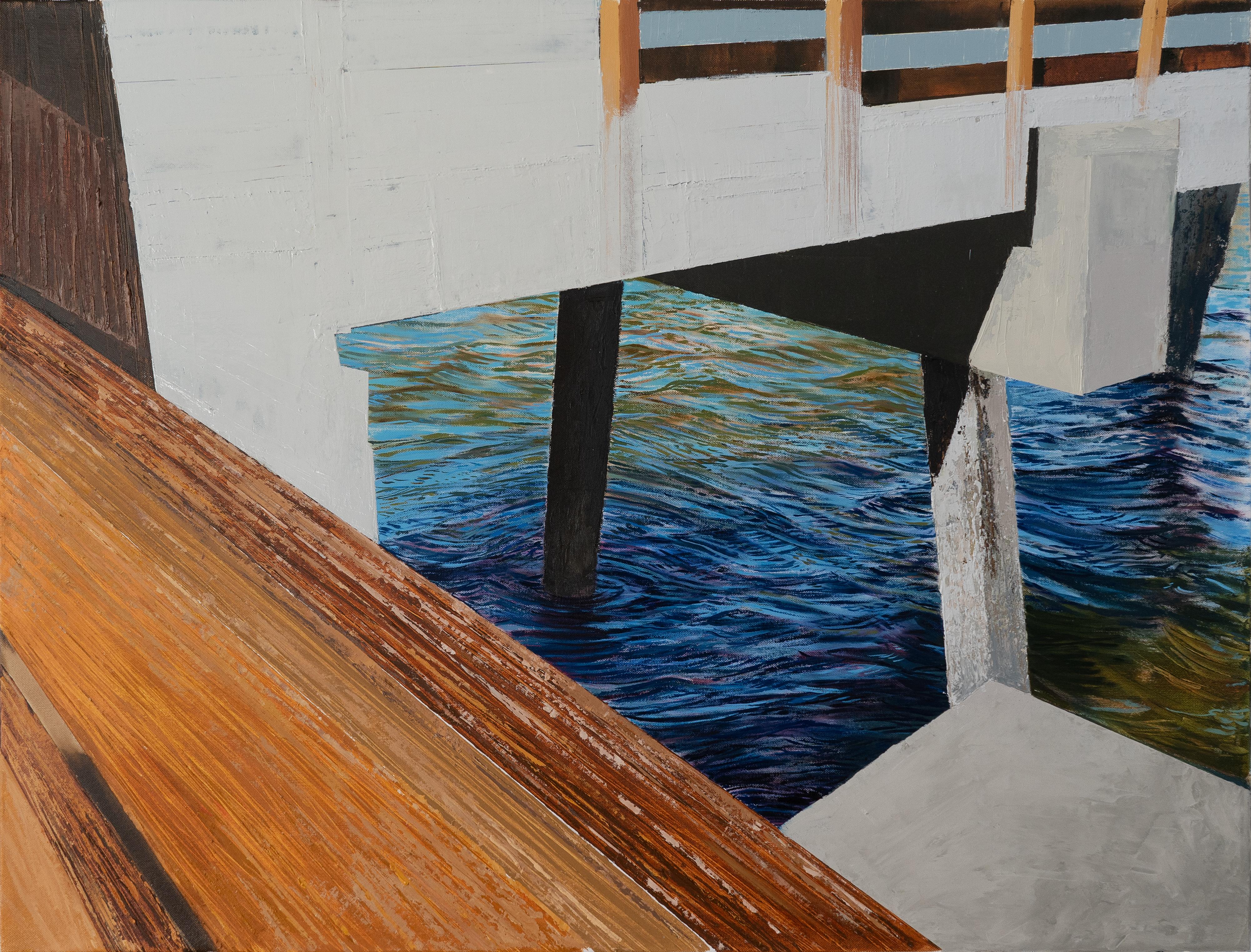 Brooke Lanier Abstract Painting – „This is a Real Place! 2: Großes Gemälde eines Sees oder Flusses mit blauem Wasser und Brücke