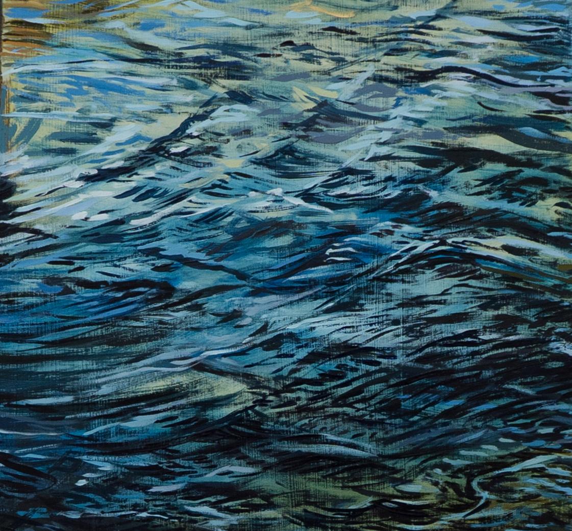 C'est un véritable endroit ! 3 : grande peinture d'un lac ou d'une rivière avec eau bleue et pont - Painting de Brooke Lanier