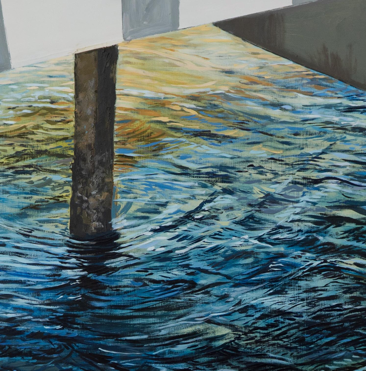 C'est un véritable endroit ! 3 : grande peinture d'un lac ou d'une rivière avec eau bleue et pont - Réalisme Painting par Brooke Lanier