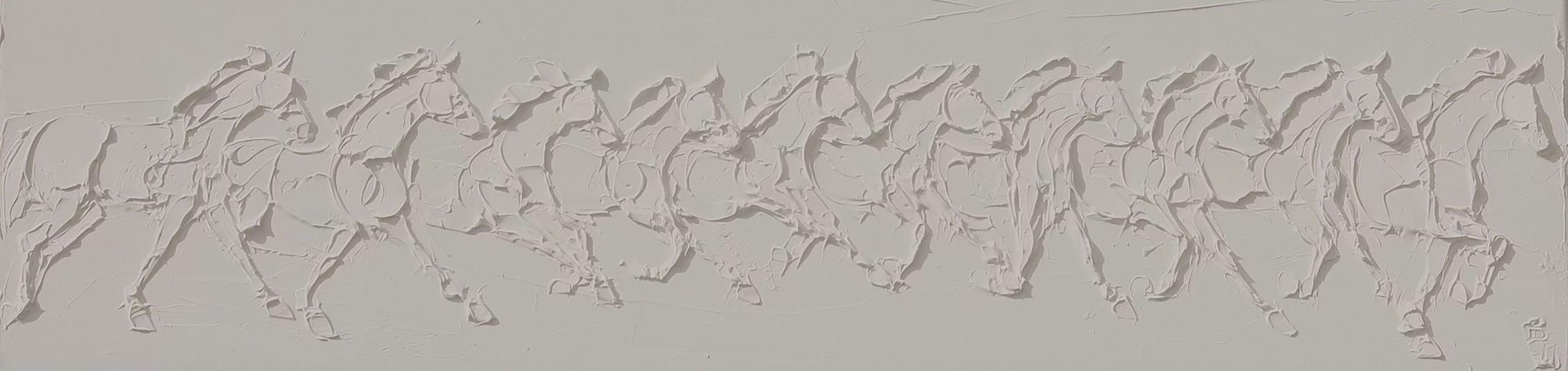 Brooke Major, "La corsa", pittura a olio su cavallo equino bianco scultoreo, 10x39,5