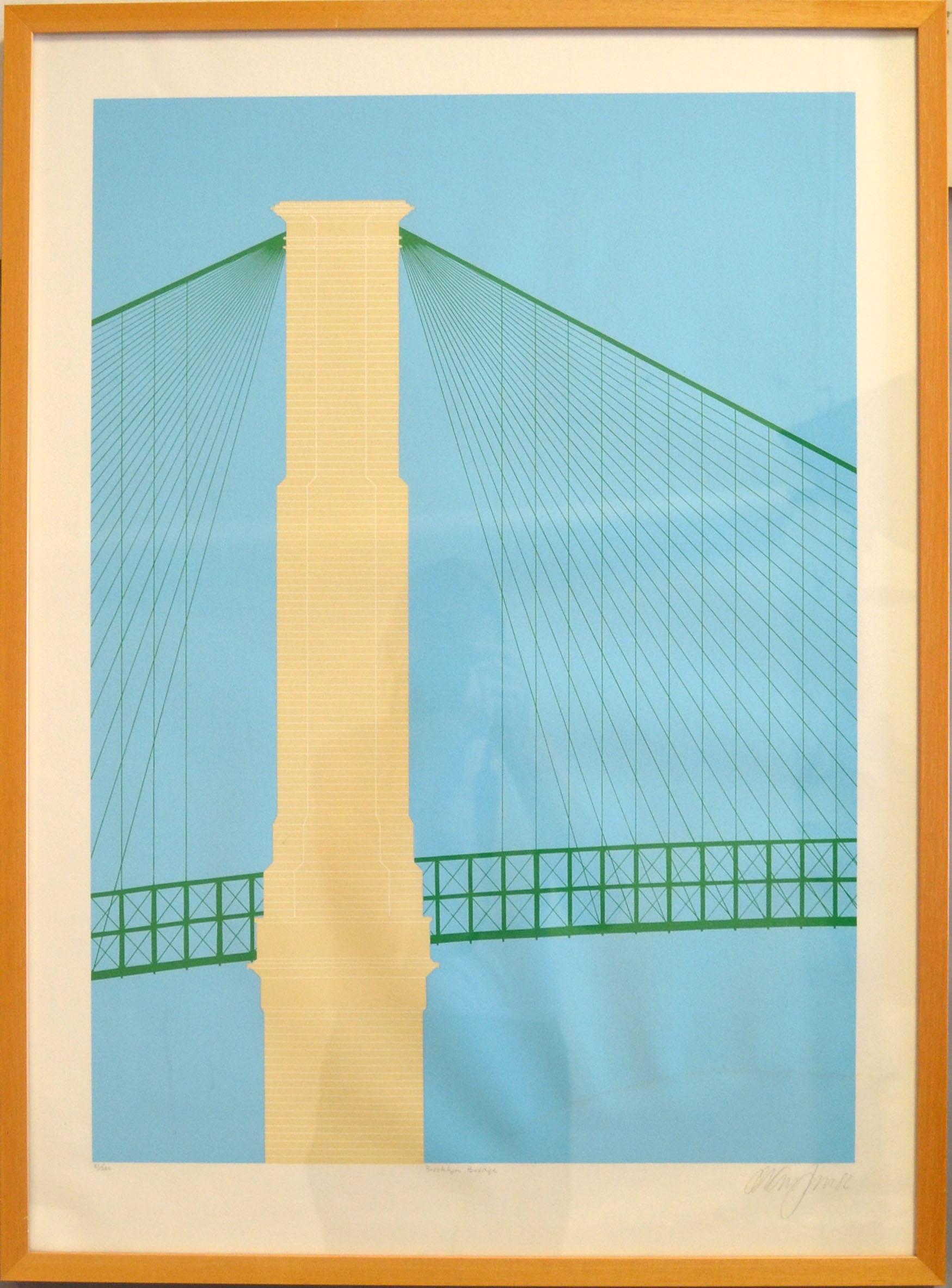 Large wood framed Brooklyn Bridge New York made in 1982 Mid-Century Modern Wall Painting, Fine Art.
Signed by Artist., Numbered 51/250.
Fine Art Size: 19.75 x 27.5 inches.
 