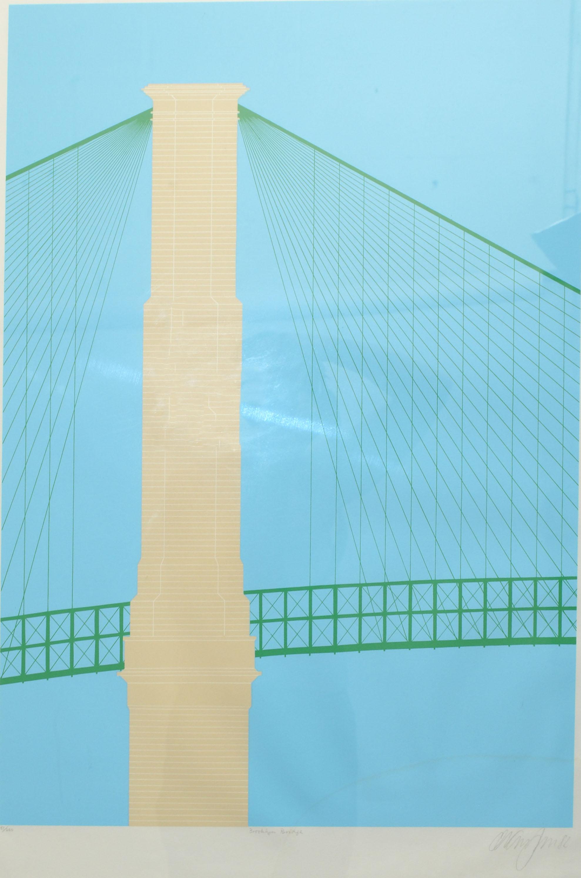 Hand-Painted Brooklyn Bridge 1982 Signed by Artist Mid-Century Modern Wall Painting Fine Art For Sale