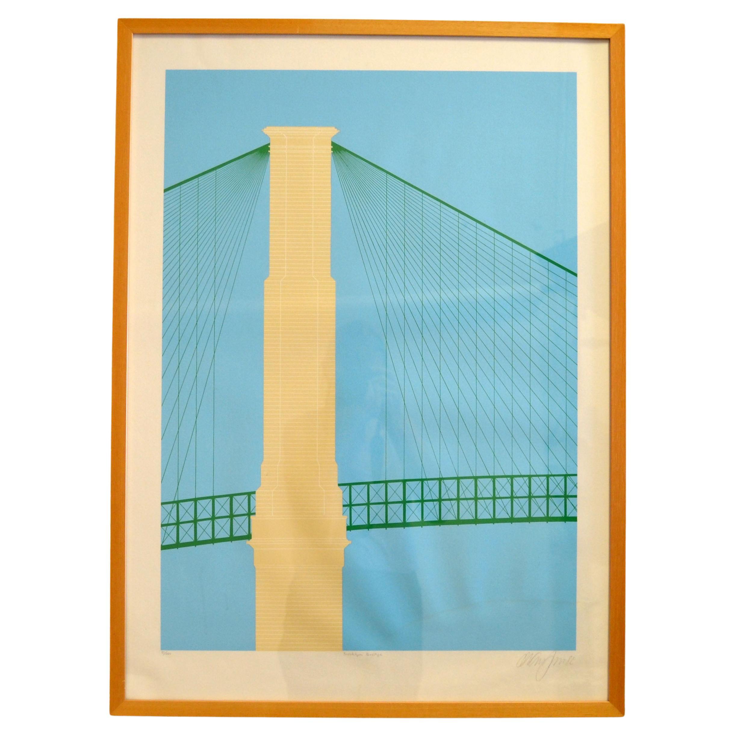 Brooklyn Bridge 1982 Signed by Artist Mid-Century Modern Wall Painting Fine Art For Sale
