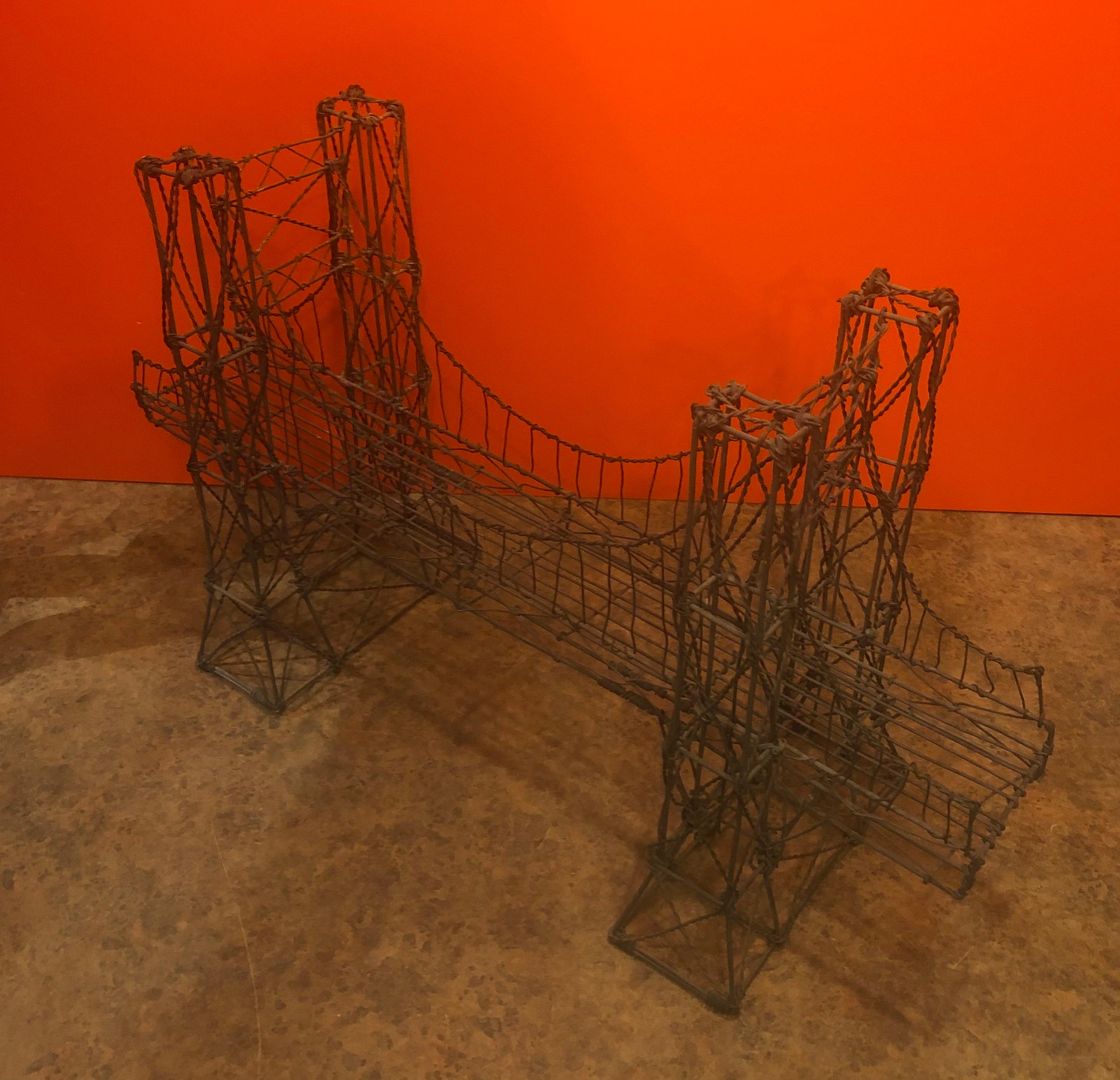 Brooklyn bridge Brutalist metal wire sculpture, circa 1970s. The piece is handmade and in very good vintage condition with a nice patina; it measures 