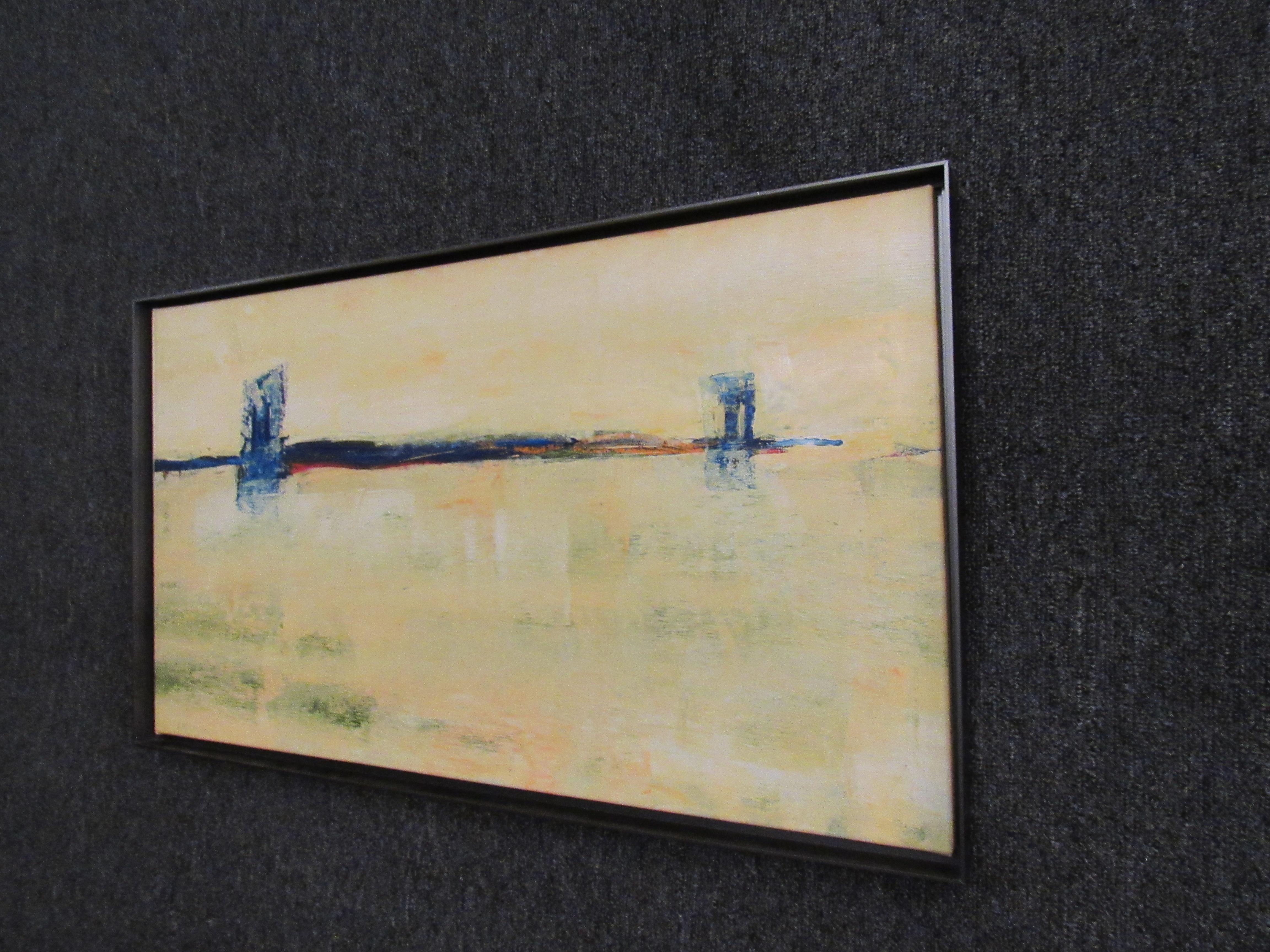 Lovely original abstract oil painting by contemporary New York artist Jill Stasium. This expressive and colorful landscape prominently features Brooklyn's iconic Brooklyn Bridge. Soft lines help exemplify the delicate balance of man and nature.