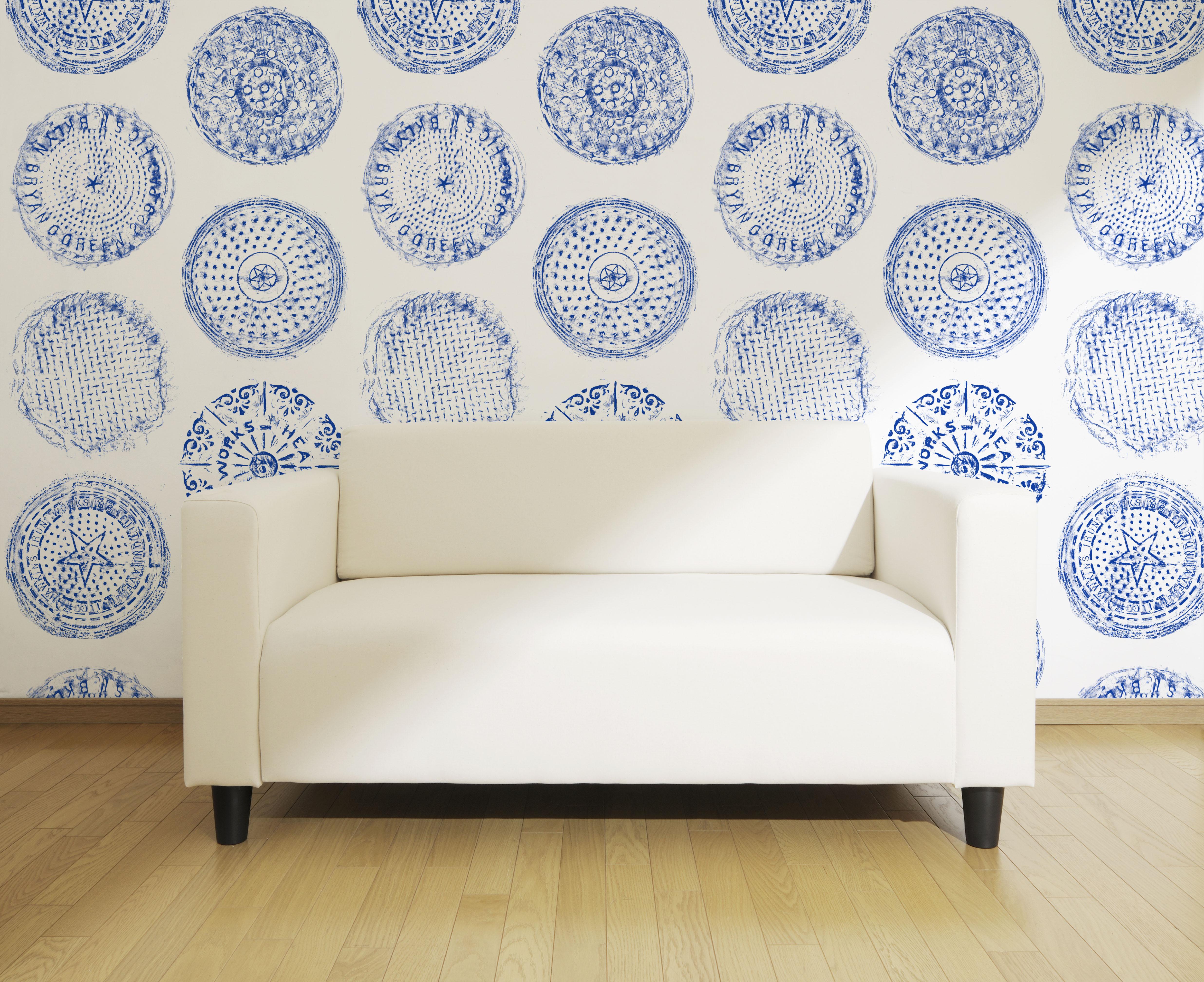 Created from rubbings I made from manhole covers around Brooklyn. 
Roll size: 40” wide by 9’ long (comes in 42” wide untrimmed rolls)
Pattern repeat: 40