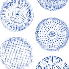 Brooklyn Manhole Printed Wallpaper Blue Manhole Cover