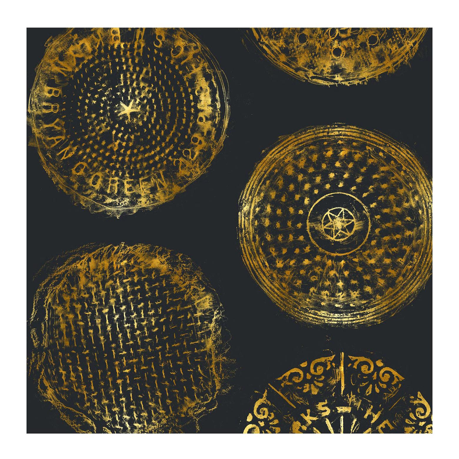 Brooklyn Manhole Printed Wallpaper, Eclipse with Gold Manhole Cover For Sale