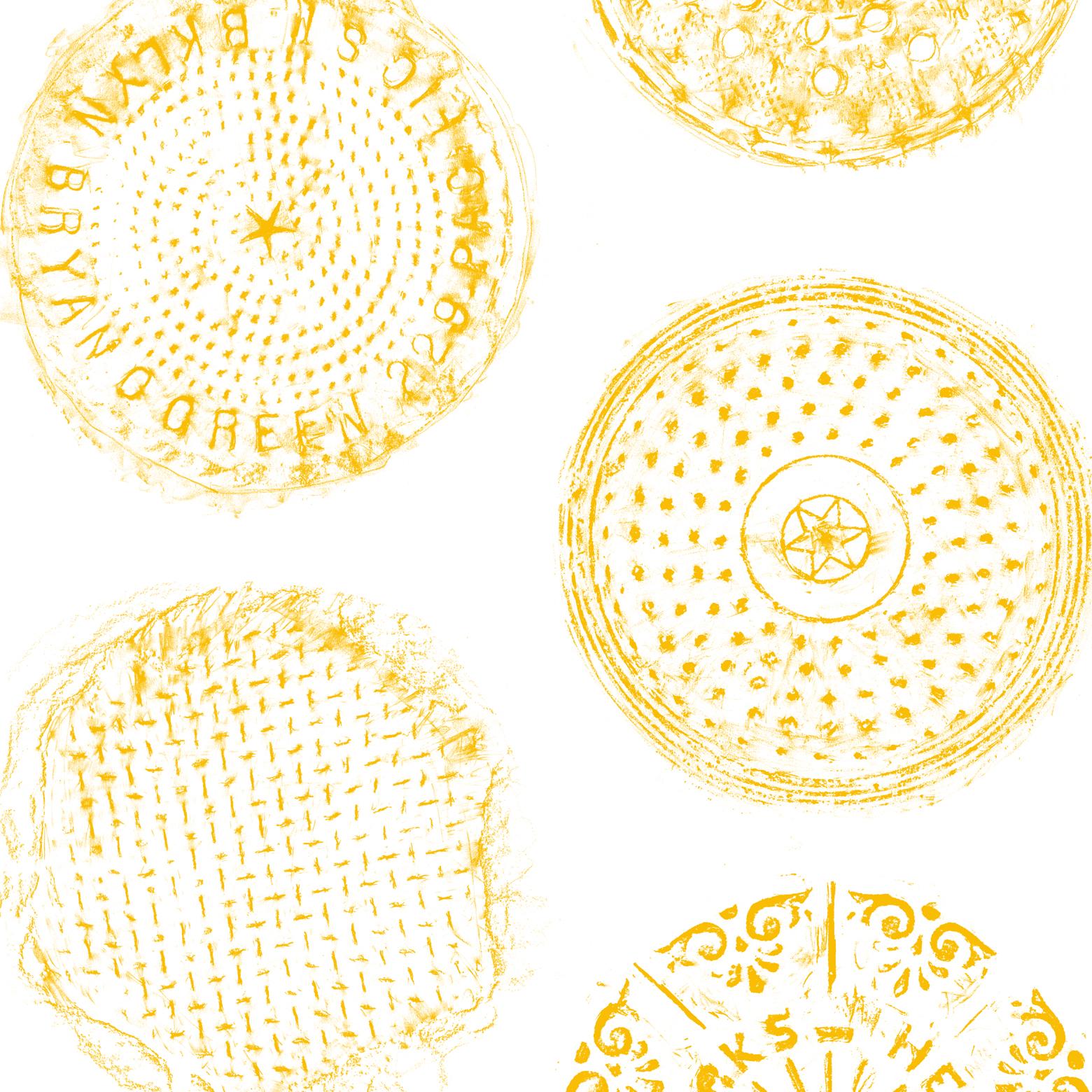 Contemporary Brooklyn Manhole Printed Wallpaper, White with Gold Manhole Cover For Sale