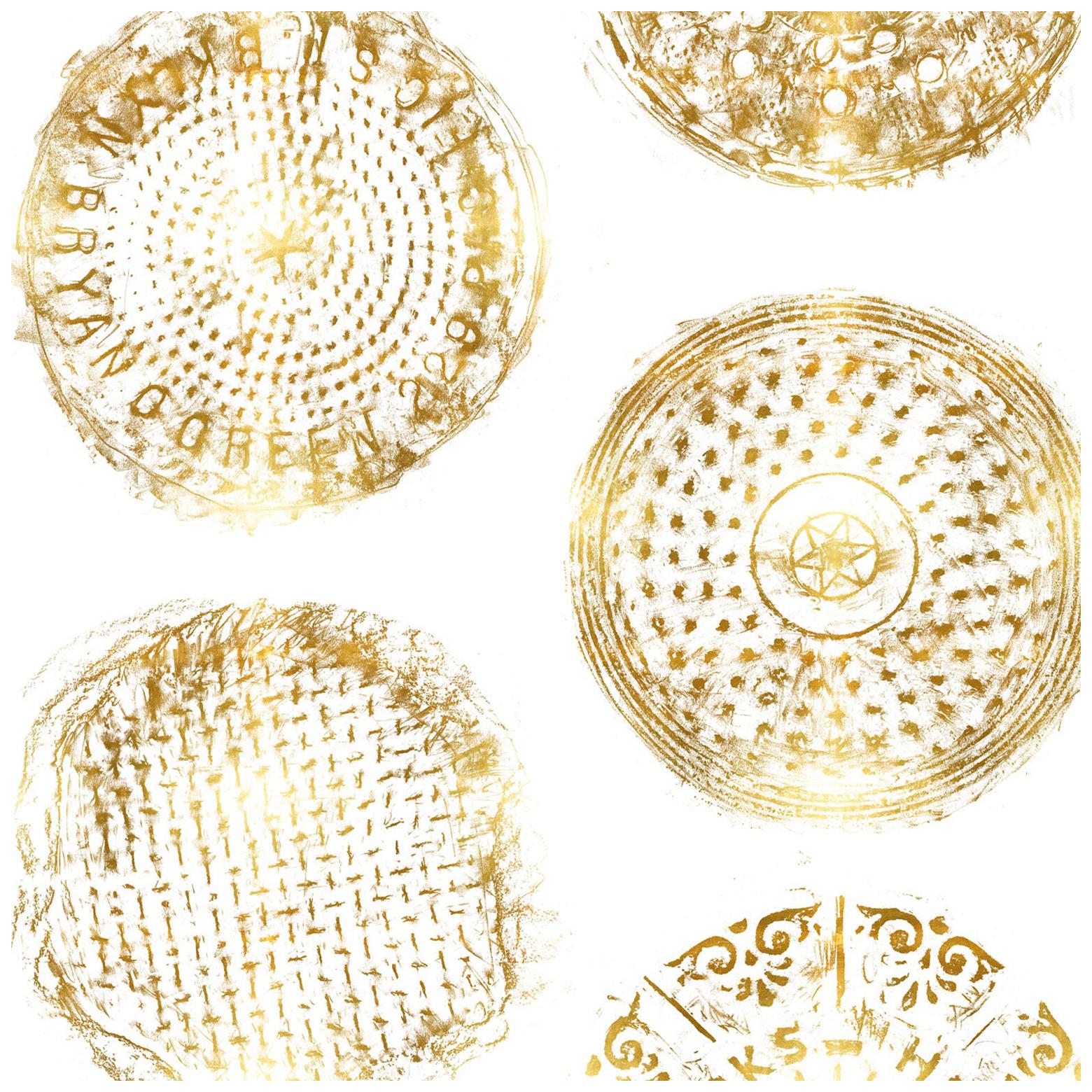 Brooklyn Manhole Printed Wallpaper, White with Gold Manhole Cover For Sale