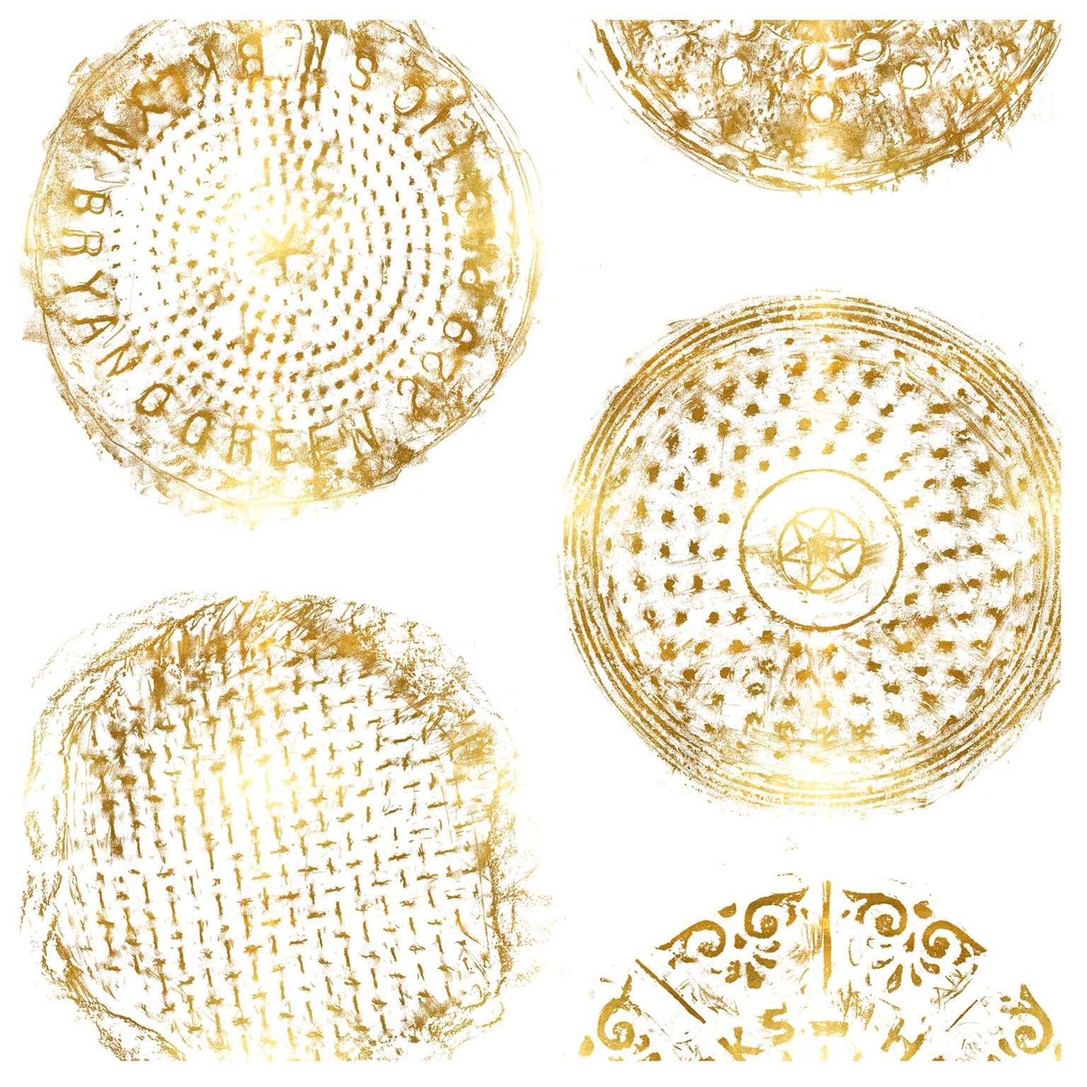 Brooklyn Manhole Printed Wallpaper, White with Gold Manhole Cover For Sale