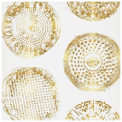 Brooklyn Manhole Printed Wallpaper, White with Gold Manhole Cover