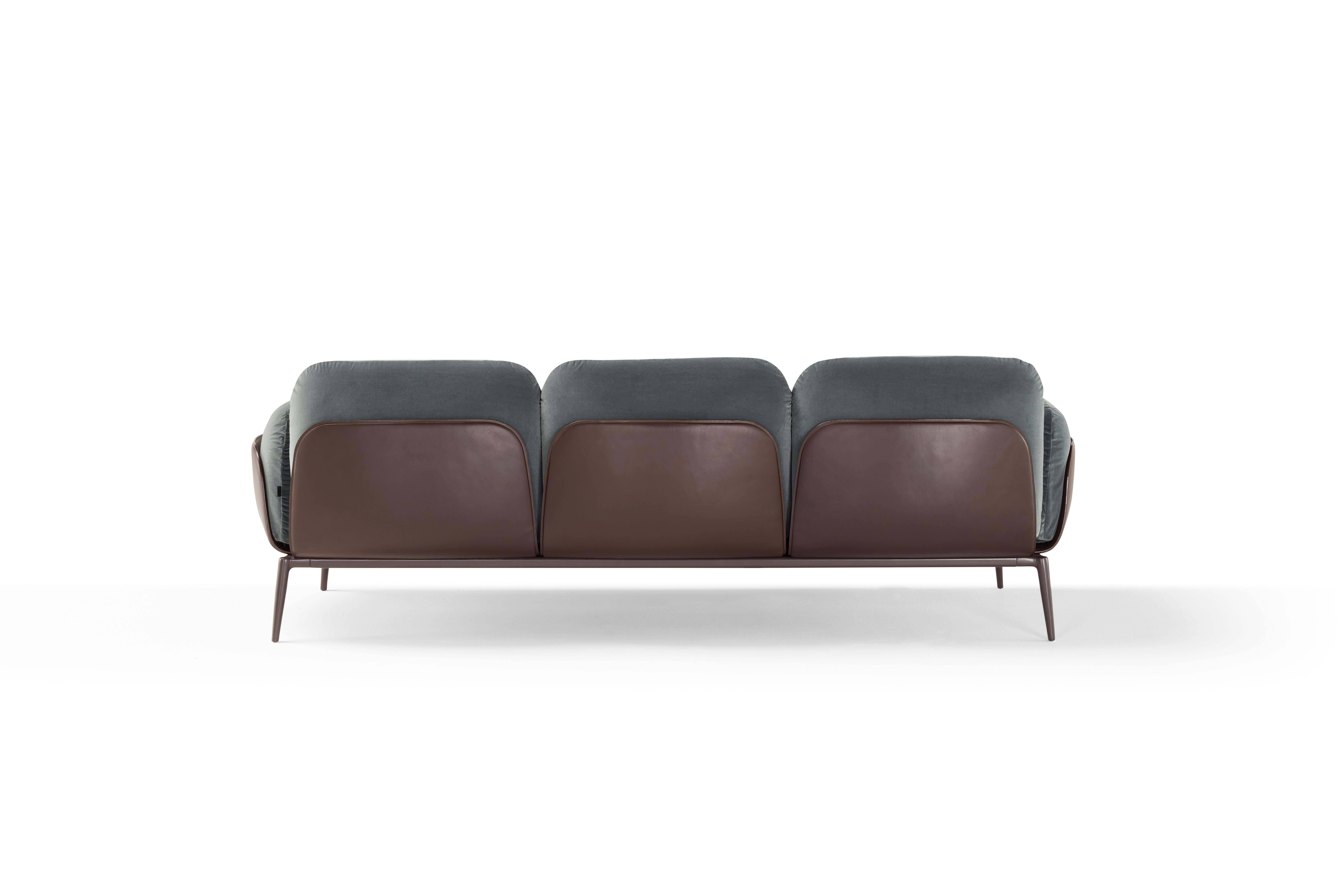 Italian Brooklyn Three-Seat Sofa in Velvet and Cuoio by Stefano Bigi For Sale