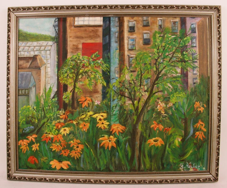 Late 20th Century Brooklyn Garden  City Scape Landscape  Painting