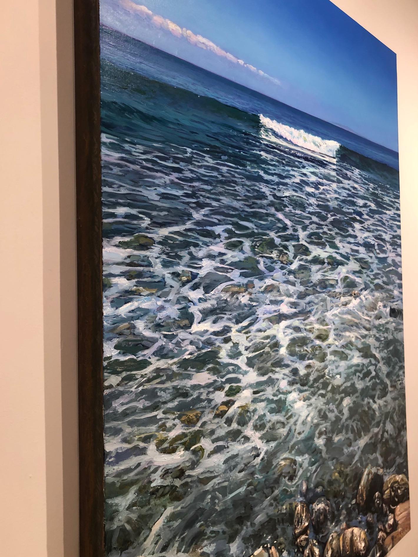 Breathtaking ocean scene / tide pool - at the edge of the sea. where the water rushes endlessly over sand with rocks in the foreground with a distant pink horizon. oil on canvas, 48 x 36 inches.  Ready to hang unframed with its edge painted in a
