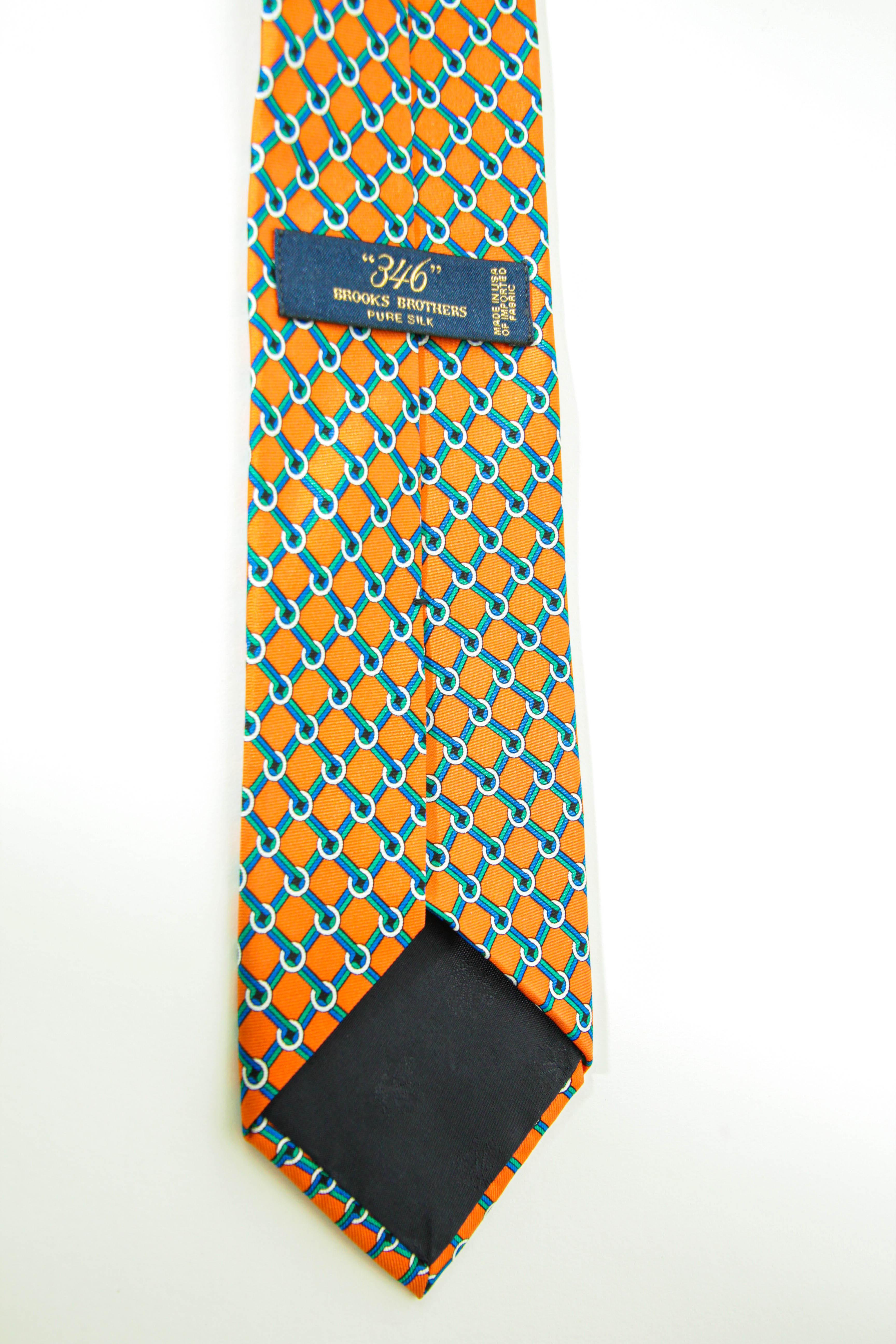 Brooks Brothers Men's s Silk Tie Orange Gold Blue Made in USA In Good Condition For Sale In North Hollywood, CA