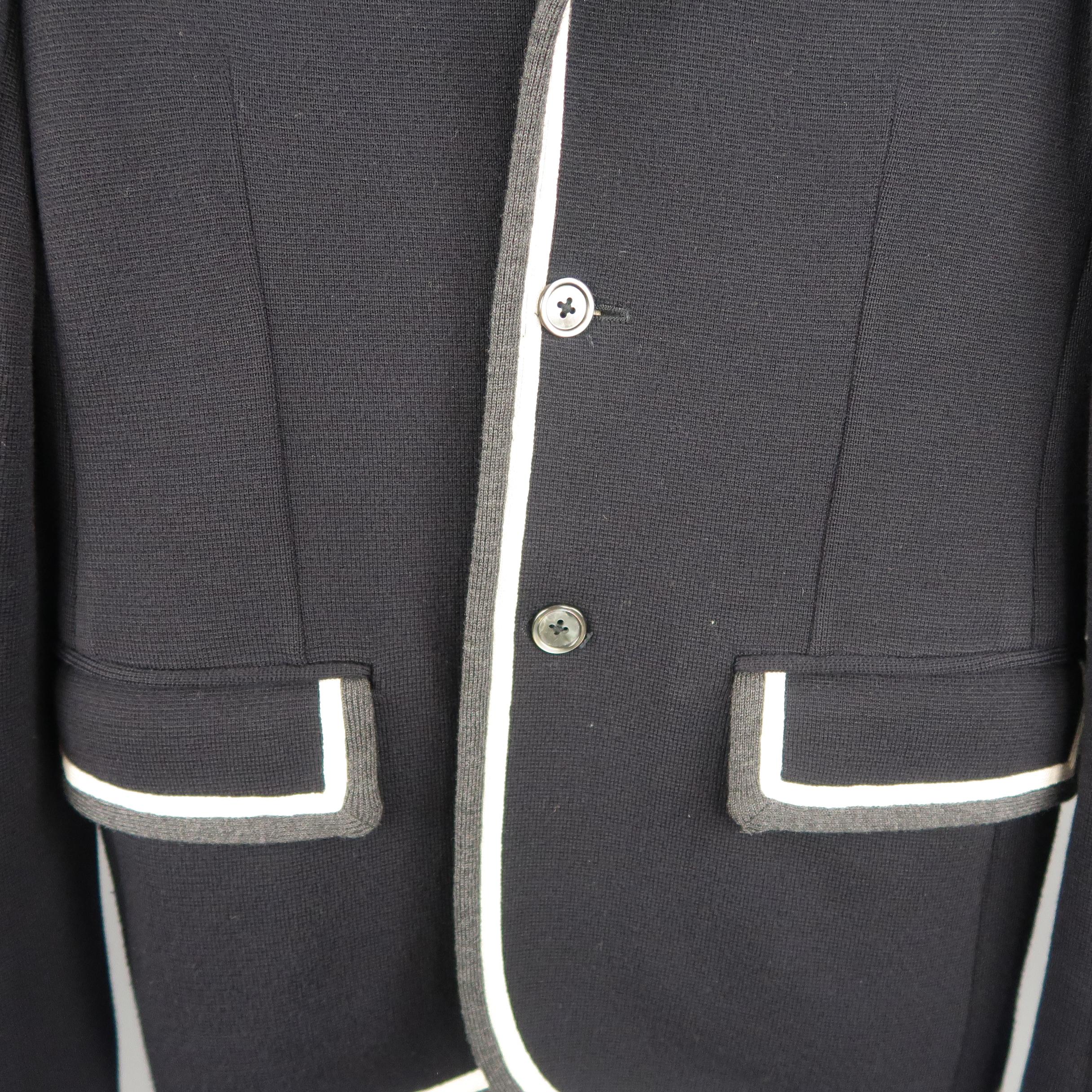 Black BROOKS BROTHERS S Navy & Cream Wool Knit Notch Lapel Jacket
