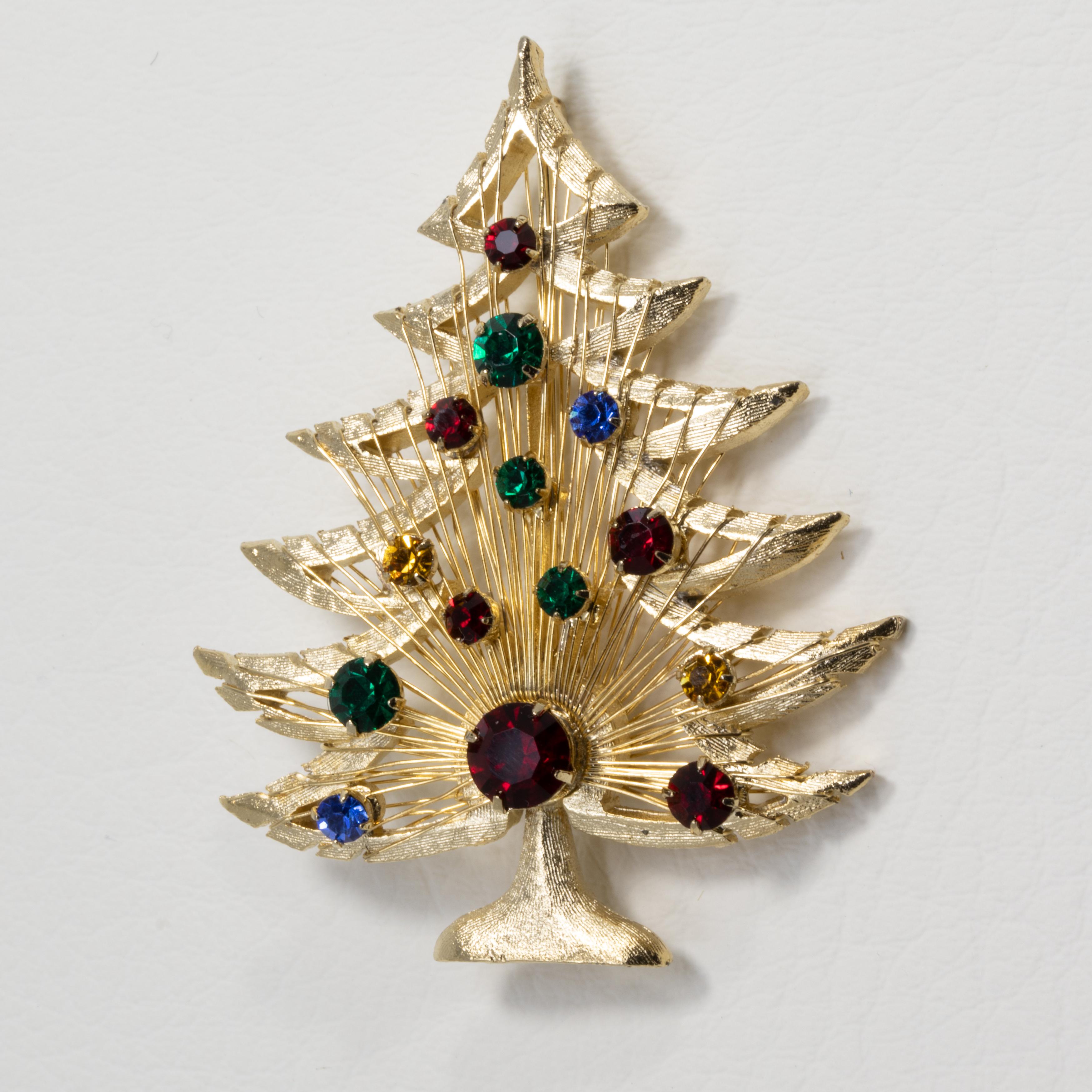 Brooks Harp Christmas Tree Pin Brooch with Prong Set Multicolor Crystals in Gold Damen