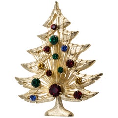 Vintage Brooks Harp Christmas Tree Pin Brooch with Prong Set Multicolor Crystals in Gold