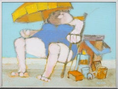 Pintura al óleo fauvista Vintage enmarcada Escena de playa surrealista modernista americana