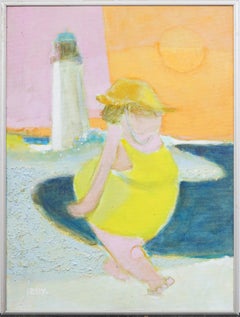 Vintage Framed American Modernist Surreal Beach Scene Fauvist Oil Painting