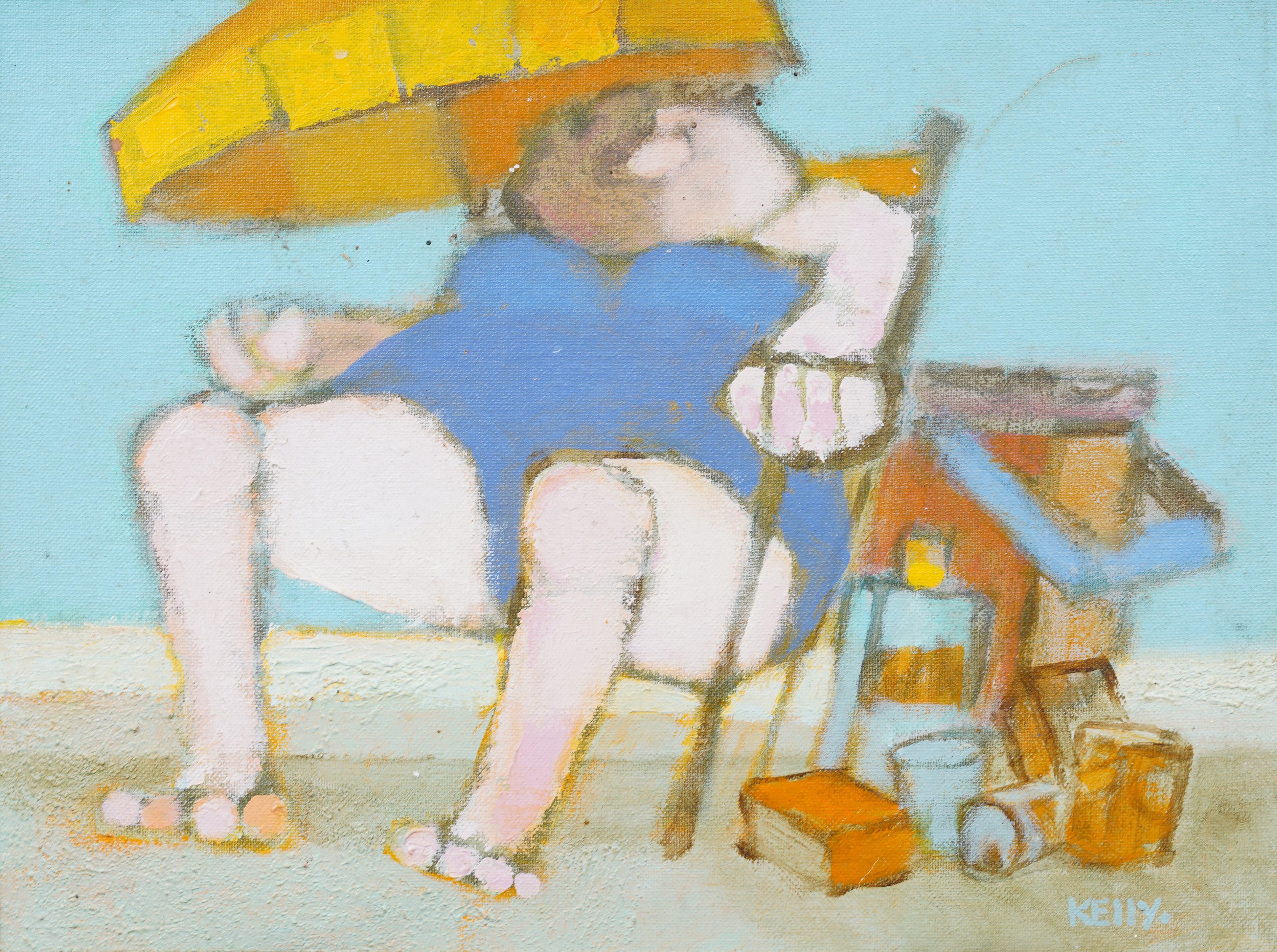 Gerahmtes Fauvistisches Ölgemälde der amerikanischen Moderne, Surreales Strandszene, Vintage (Grau), Abstract Painting, von Brooks Kelly