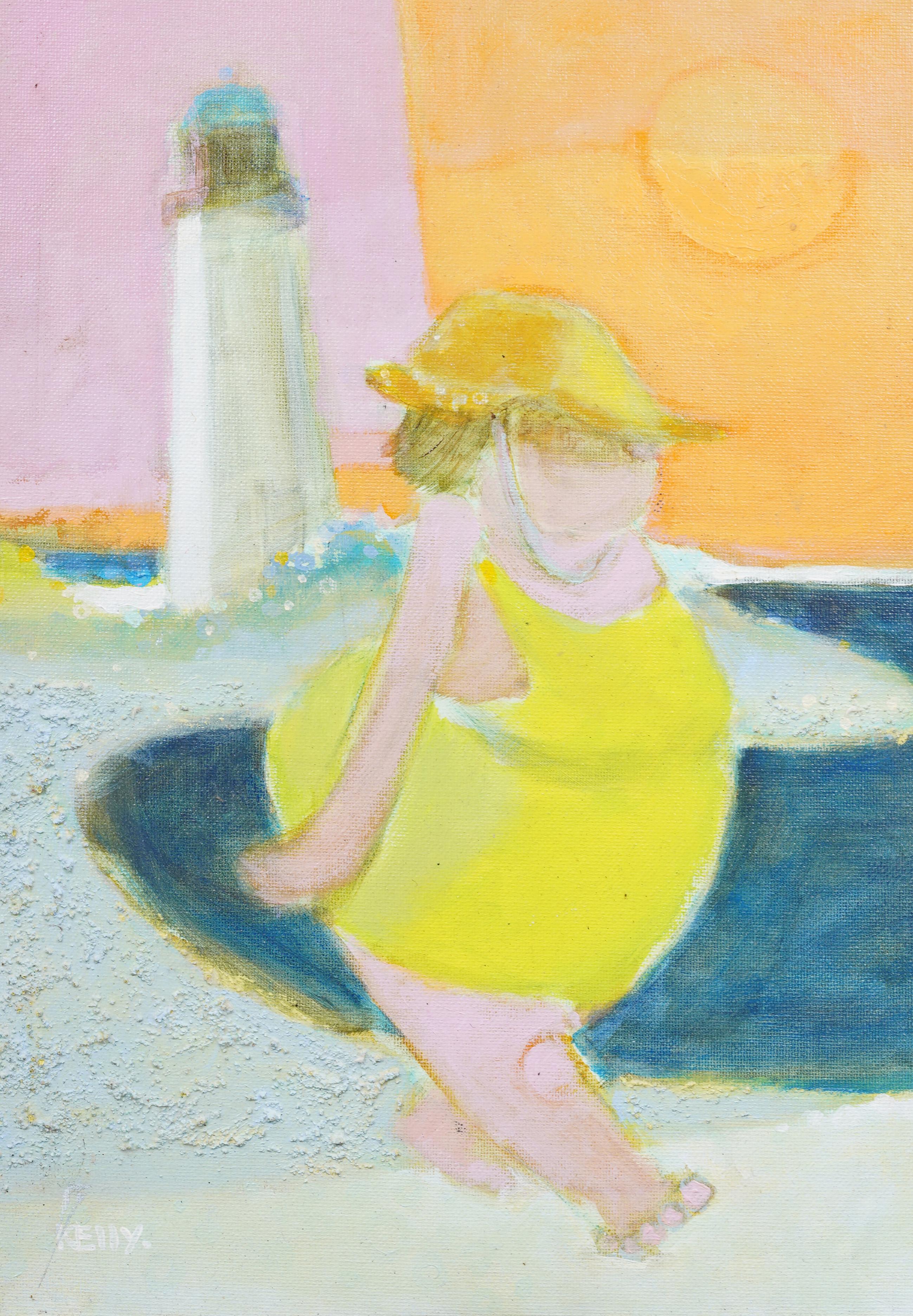 Peinture à l'huile fauviste américaine, encadrée, représentant une scène de plage surréaliste - Beige Abstract Painting par Brooks Kelly